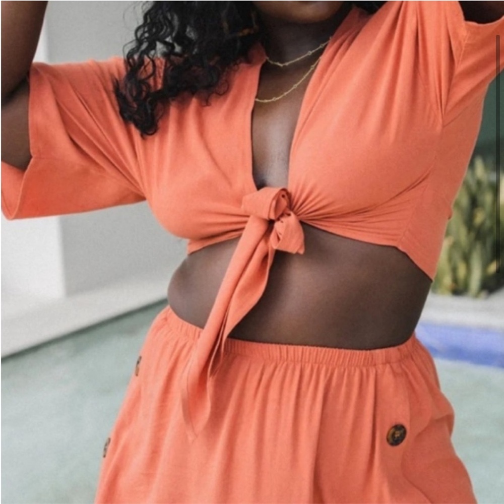 Toluca Swim Maria Tie-Front Linen Cover Up Top Medium Clay - Picture 5 of 9